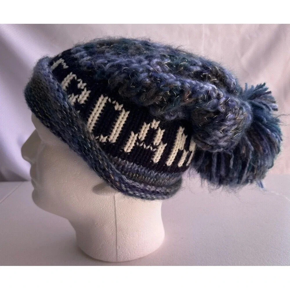 Amsterdam Blue Black Pom Pom Beanie Tassel Slouchy Knit Ski Winter Warm Hat